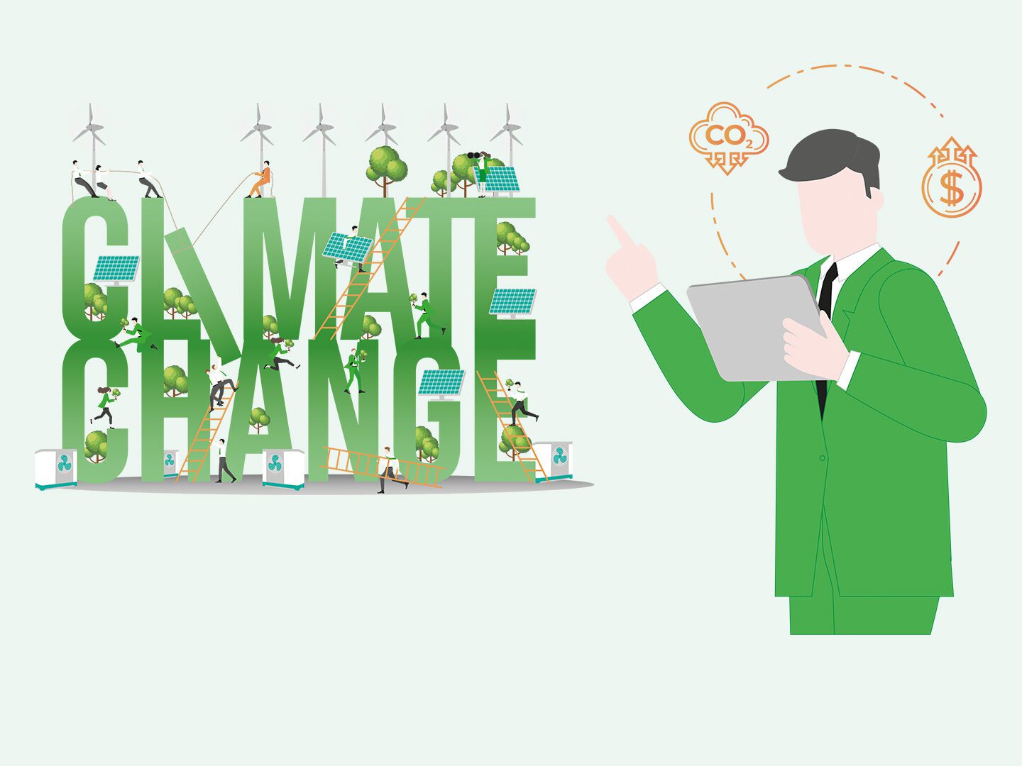 Illustration einer Person, die CO2-Einsparung und Geld-Einsparung abwägt als symbolische Darstellung für den Hyper Dachs