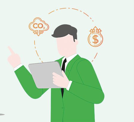 Illustration einer Person, die CO2-Einsparung und Geld-Einsparung abwägt als symbolische Darstellung für den Hyper Dachs