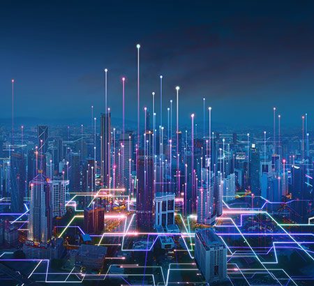 Technische Zeichnung einer Großstadt mit Neonlichtern als Highlights, die den Deutscher Exzellenz-Preis symbolisieren